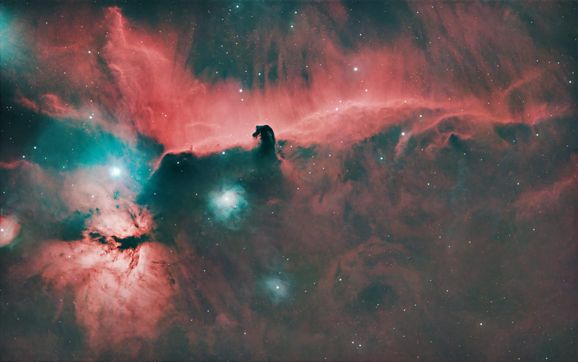 Der Pferdekopfnebel, Barnard 33 oder IC 434 ist Teil einer kleinen Dunkelwolke und der Flammennebel NGC2024 ist ein Emissionsnebel im Sternbild Orion.  Beide Nebel befinden sich südlich von Alnitak, dem östlichsten Stern des Orionsgürtels.